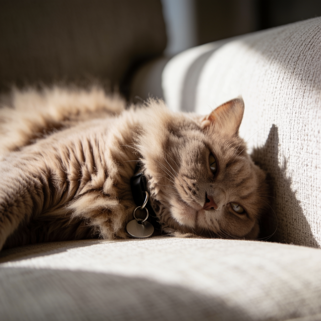 A cat lying on a couch without a collar
