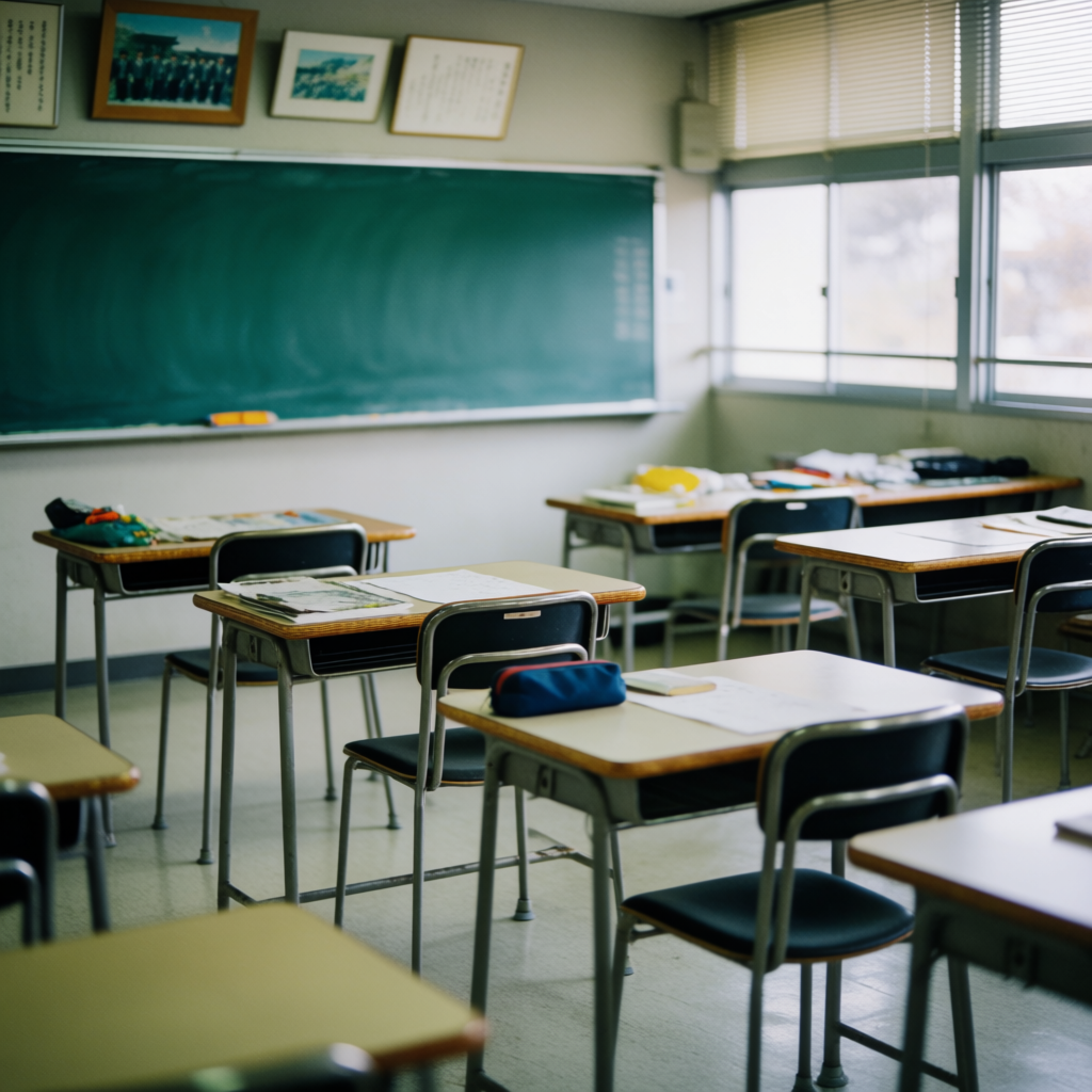 A classroom with desks and a chalkboard but no students