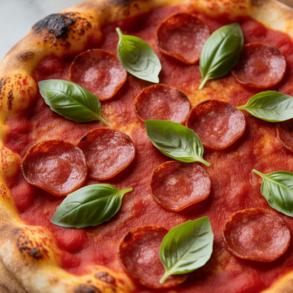 A pepperoni pizza with tomato sauce, basil, and crust but ab
