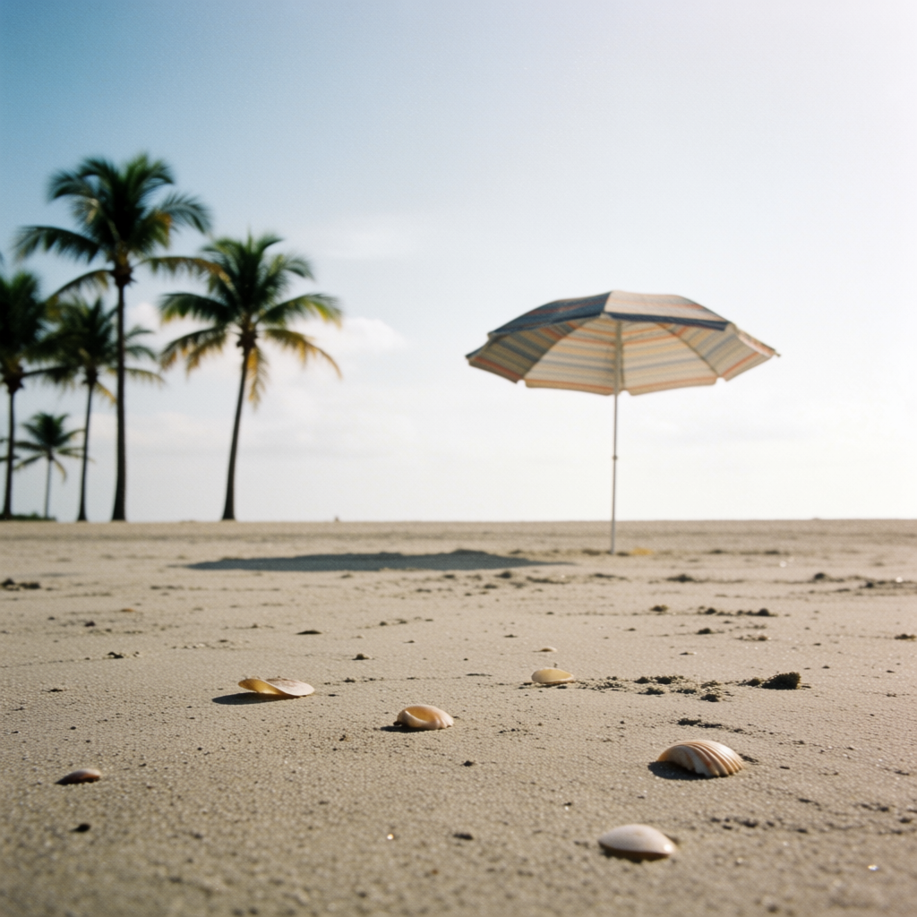 A sandy beach with palm trees, seashells, and a beach umbrel