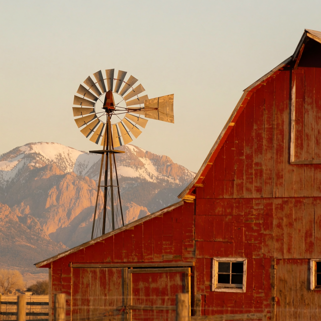 A landscape with a red barn in the foreground at large scale