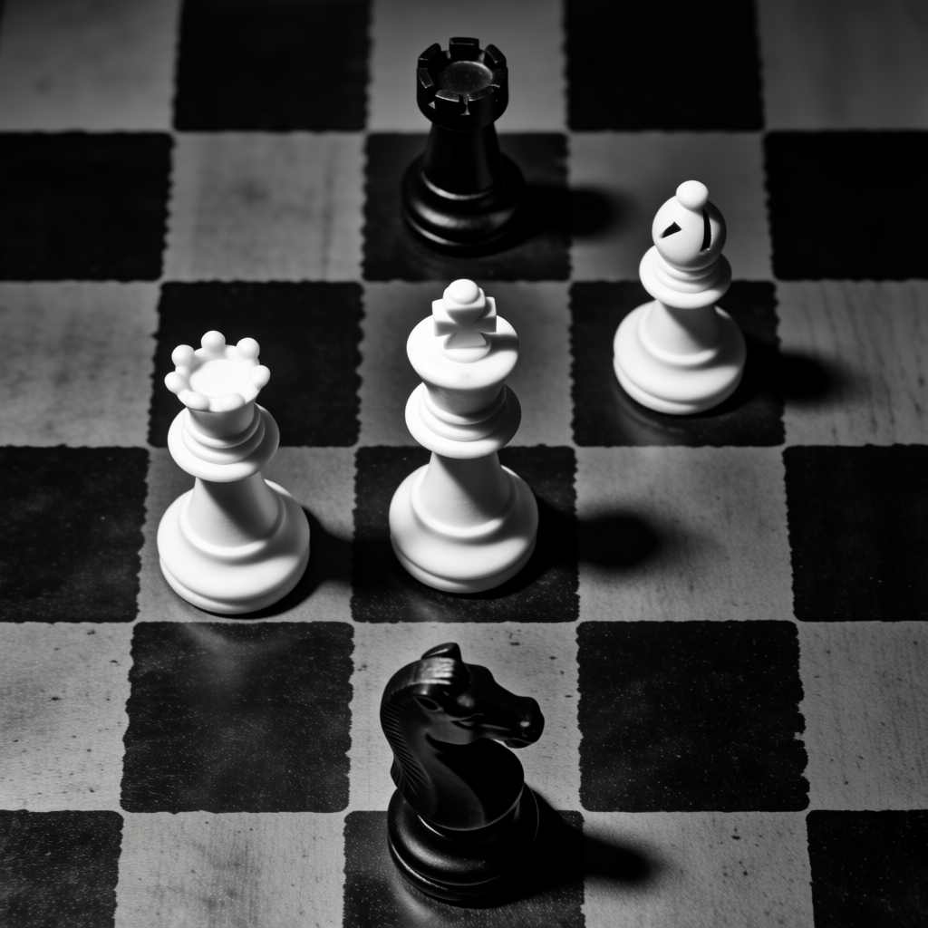 Five chess pieces on a board: a king in the center, a queen 