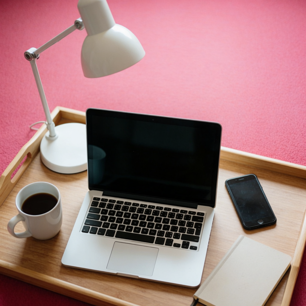 A desk scene: laptop in the center, coffee mug to the left, 