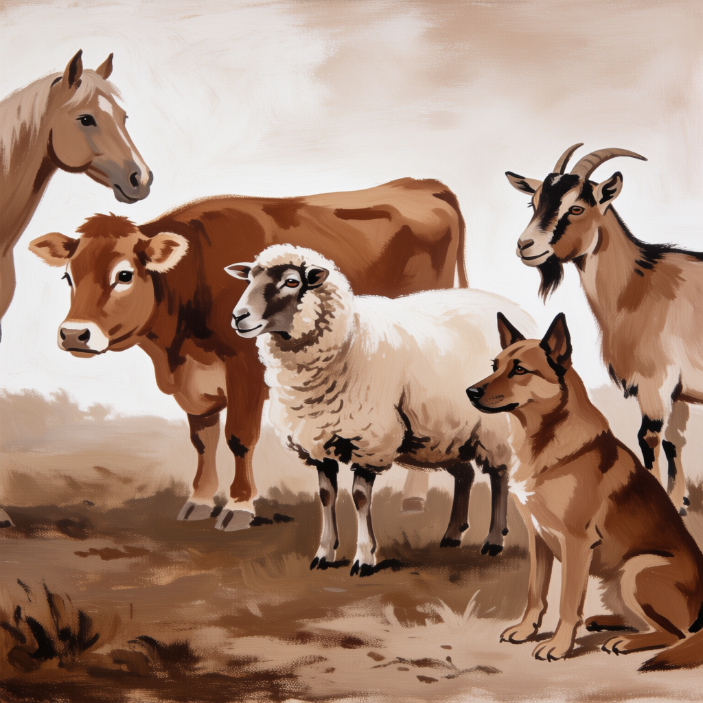 Five animals in a field: a horse on the far left, a cow to t