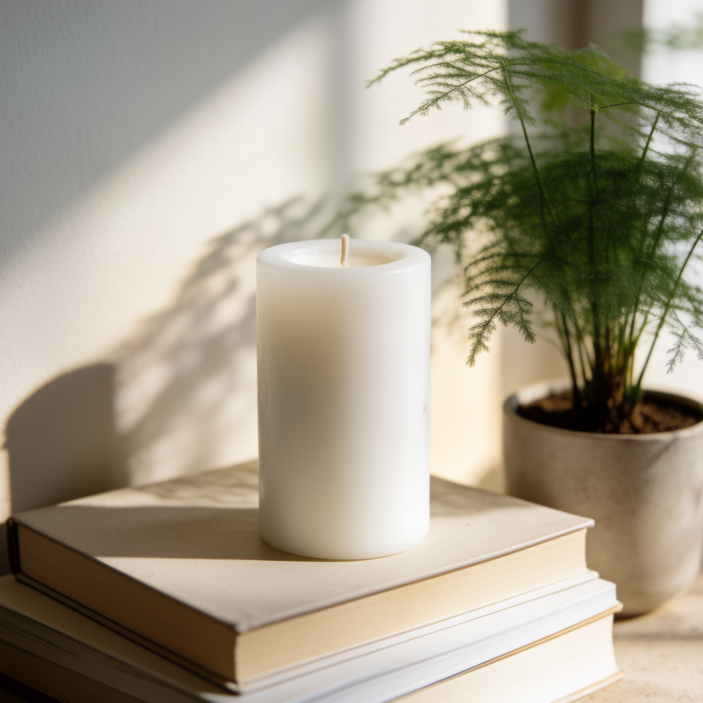 A candle on top of a stack of books, the books next to a pot
