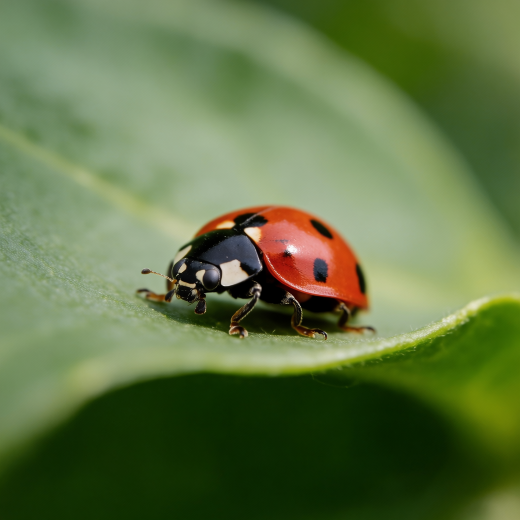 A ladybug sitting on a large green leaf, shown at realistic 