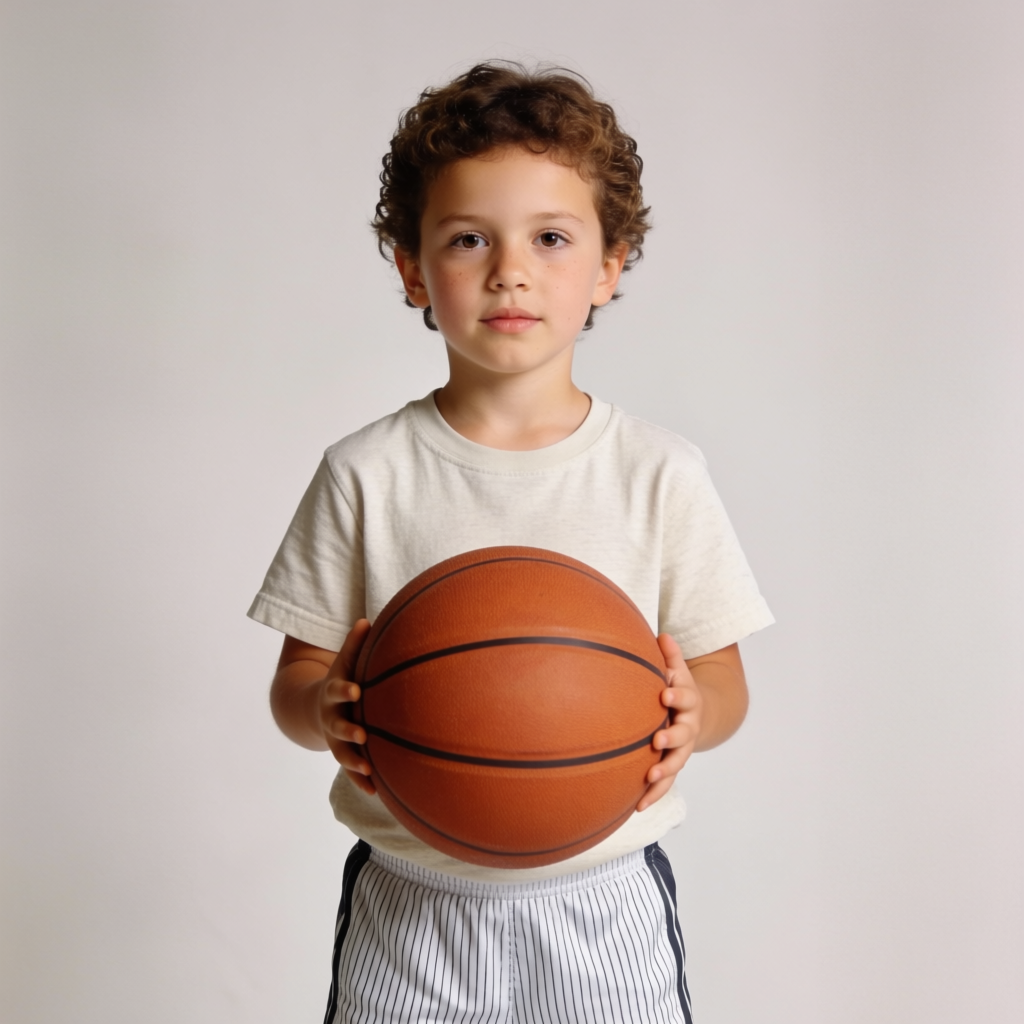 A child holding a basketball, both at correct relative sizes