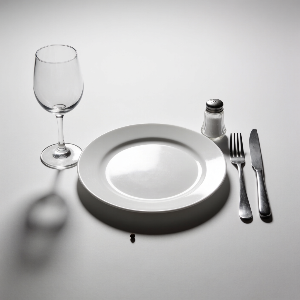 A dinner table scene with a plate, fork, knife, wine glass, 