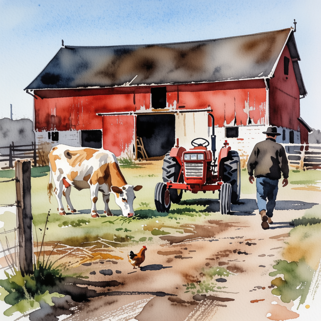 A farm scene with a barn, tractor, farmer, cow, chicken, and