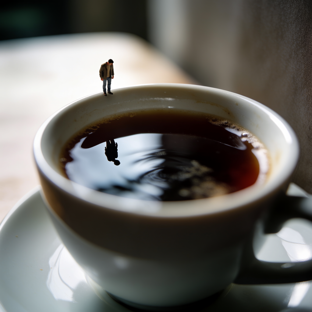 A tiny person standing on the rim of a coffee cup, looking d