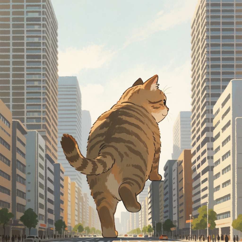 A giant tabby cat walking between city skyscrapers like a ka