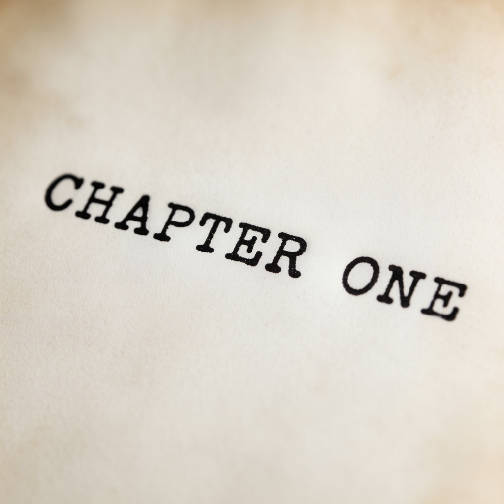 The word 'CHAPTER ONE' typed on aged paper with a vintage typewriter font, complete with slightly uneven ink