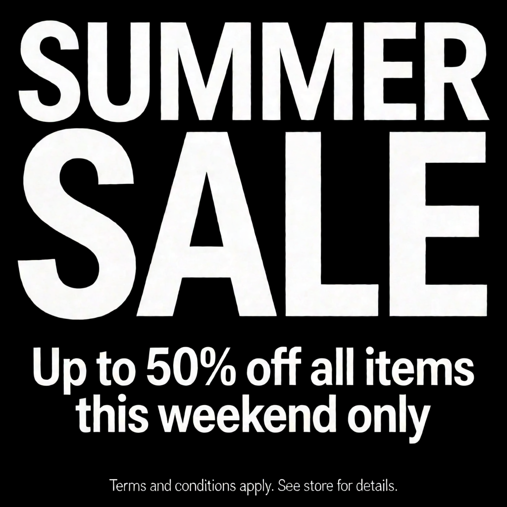 A poster with headline 'SUMMER SALE' in large bold text, bod