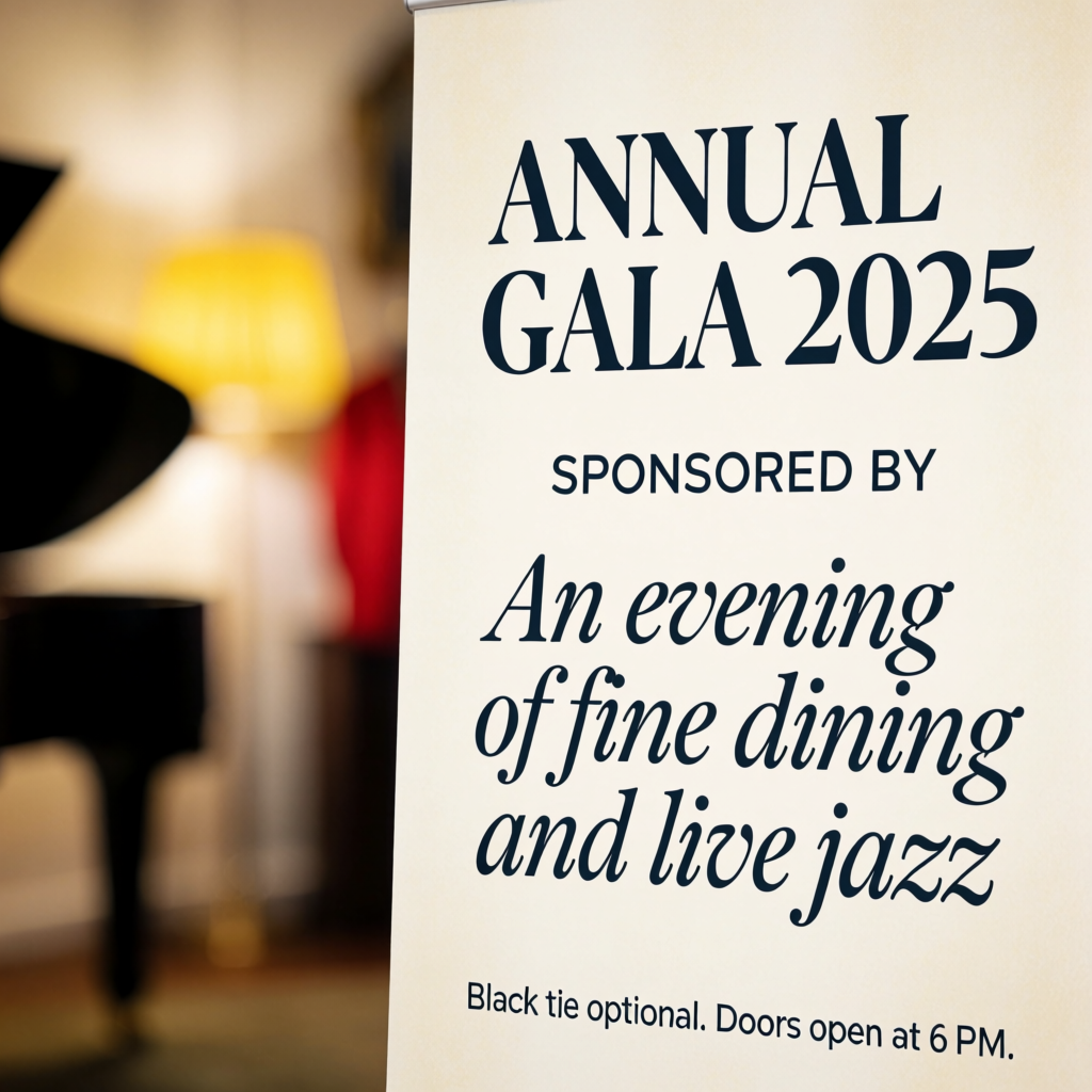 An event banner with headline 'ANNUAL GALA 2025' at the top 