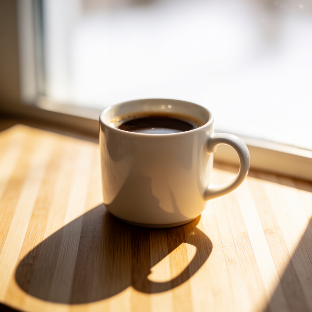 A coffee mug on a sunny windowsill casting a sharp shadow to