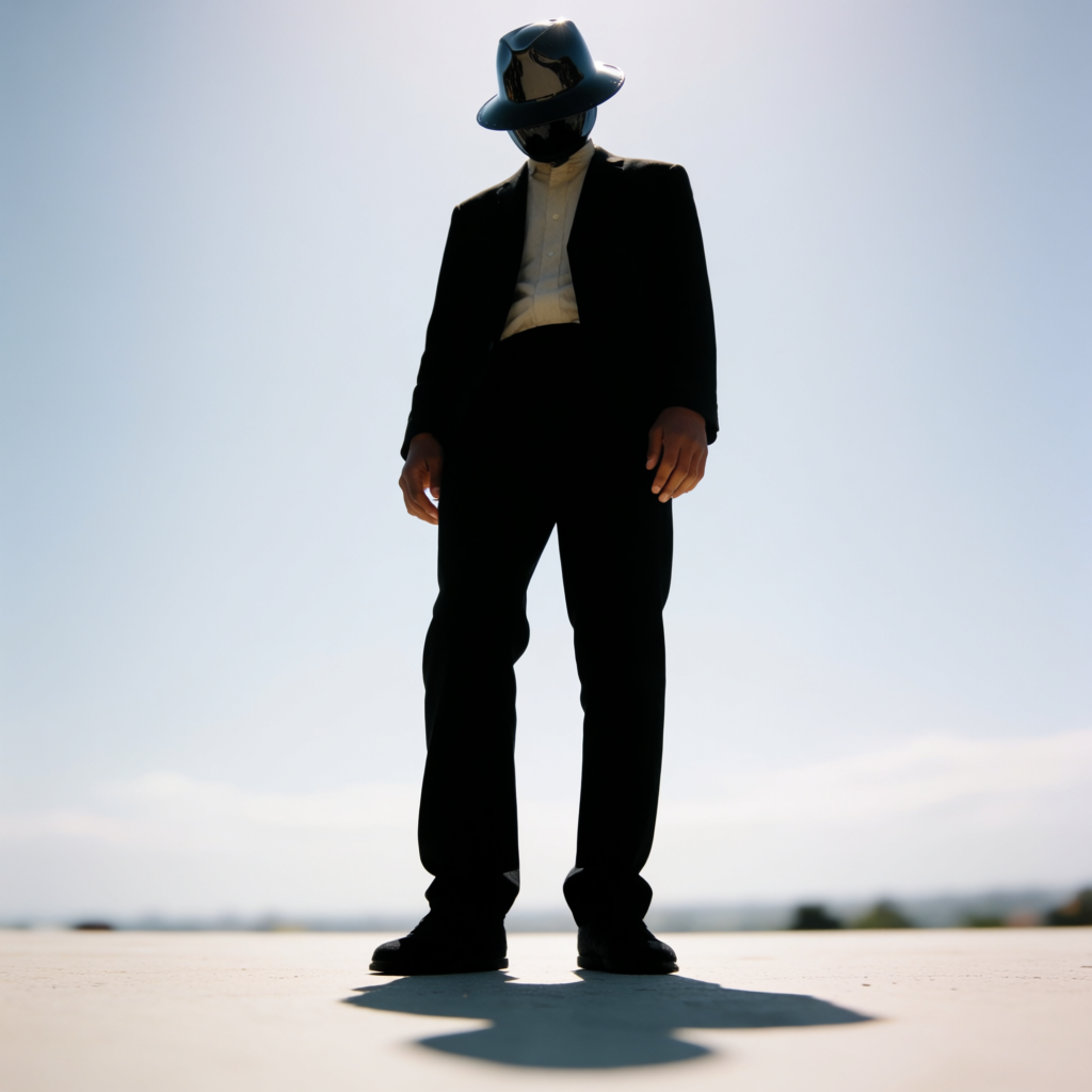 A person standing outdoors at midday with a short shadow dir