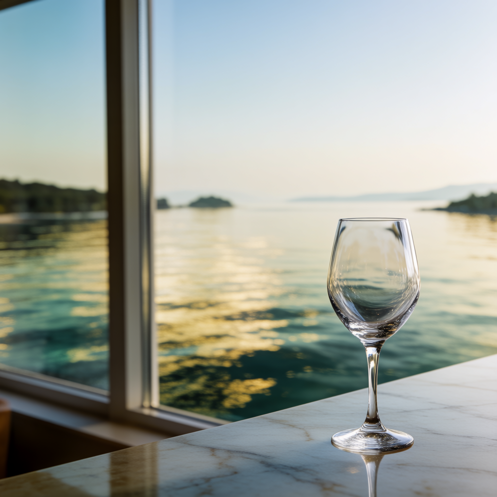 A crystal wine glass on a polished marble counter next to a 