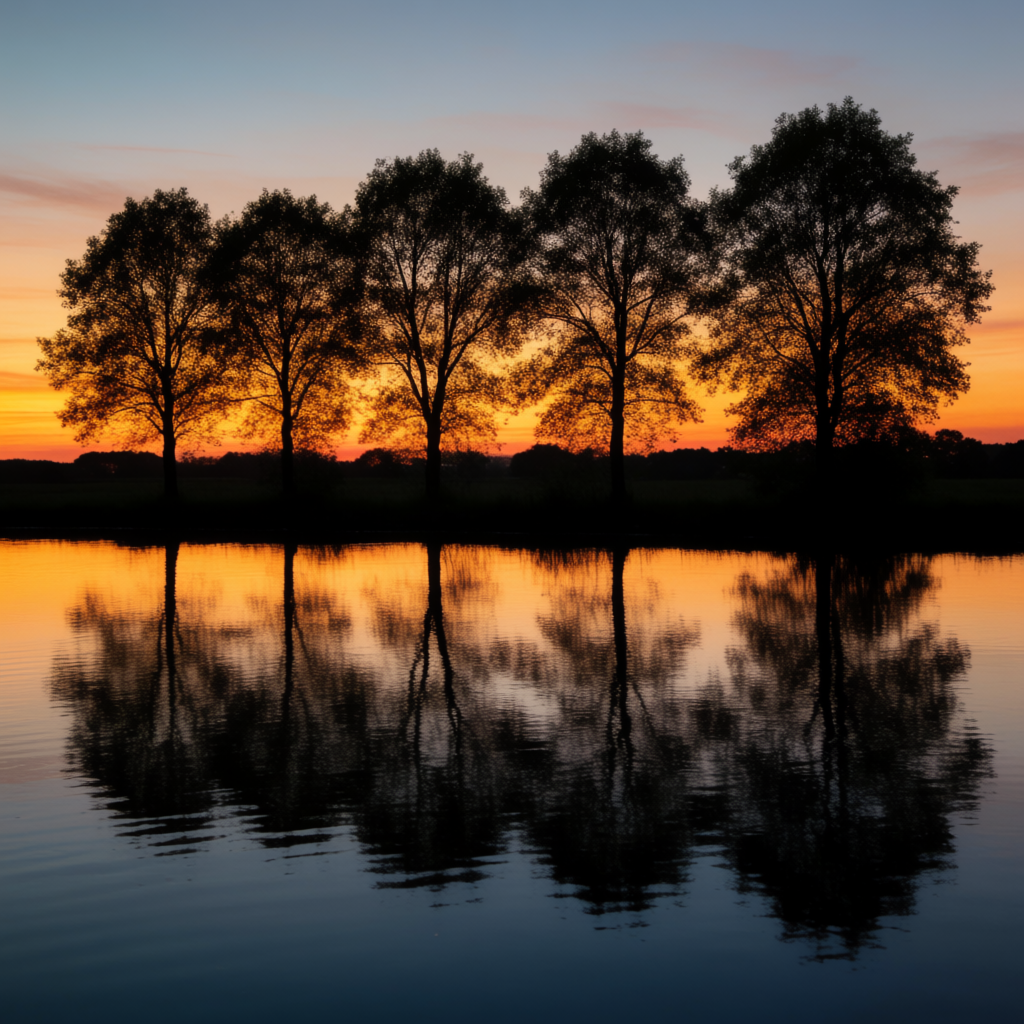 A row of trees reflected in a calm lake at sunset, with the 