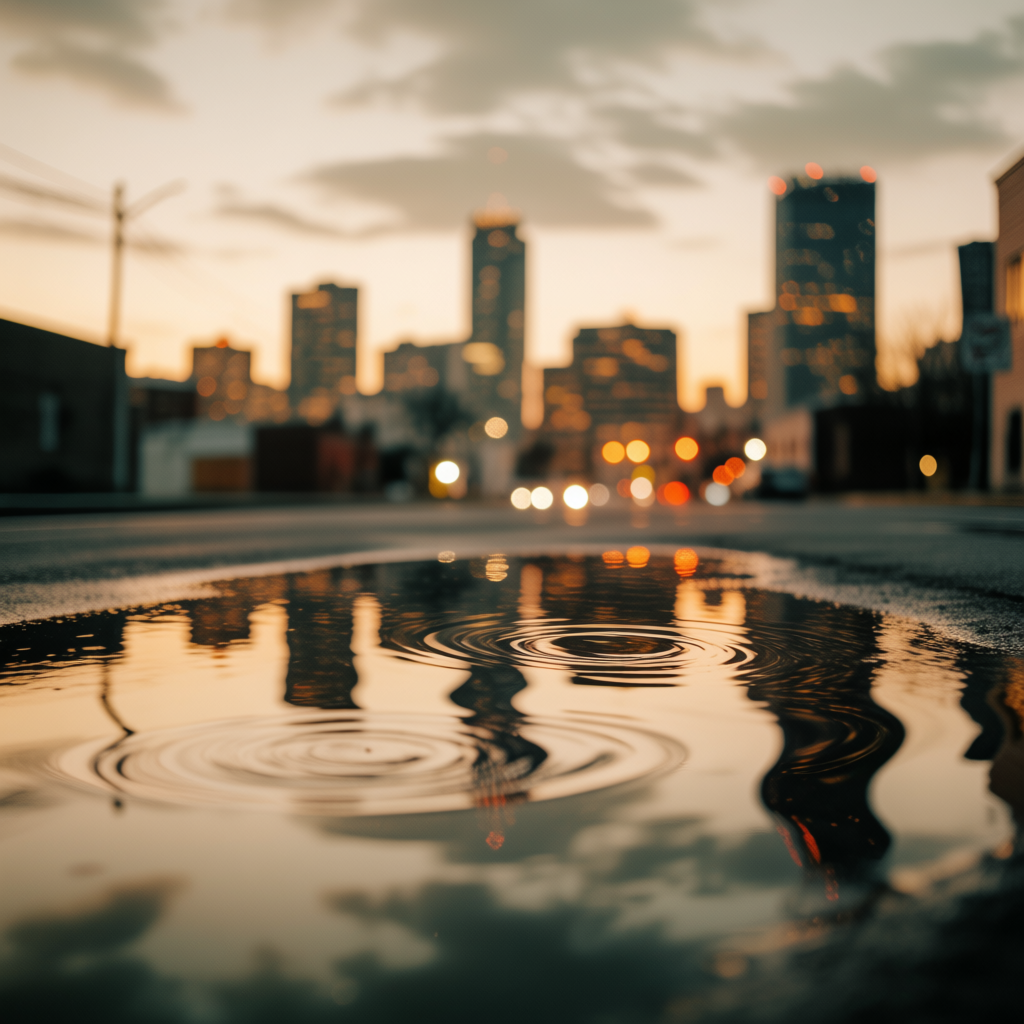A city skyline reflected in a rain puddle on a street, with 
