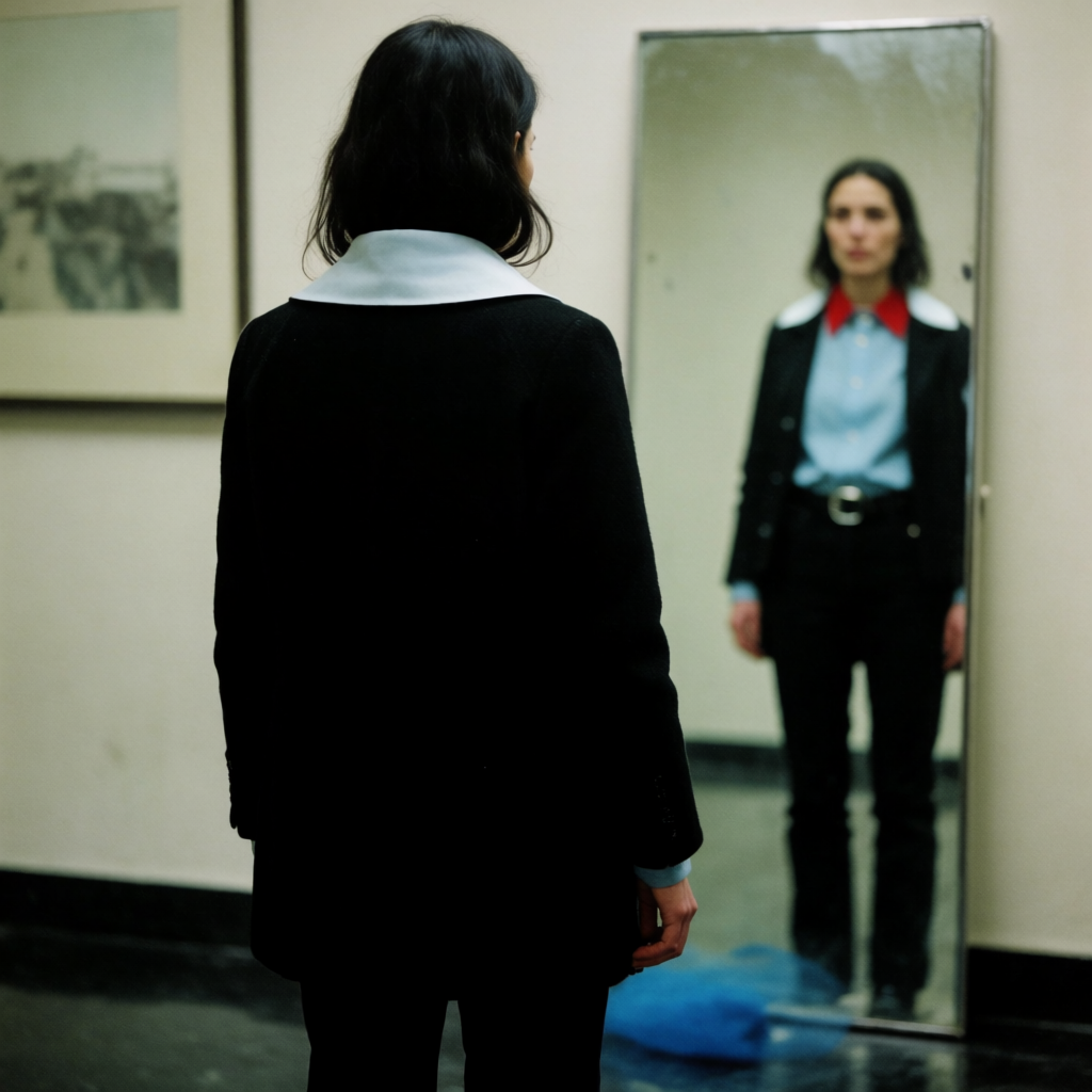 A woman standing in front of a full-length mirror, her refle