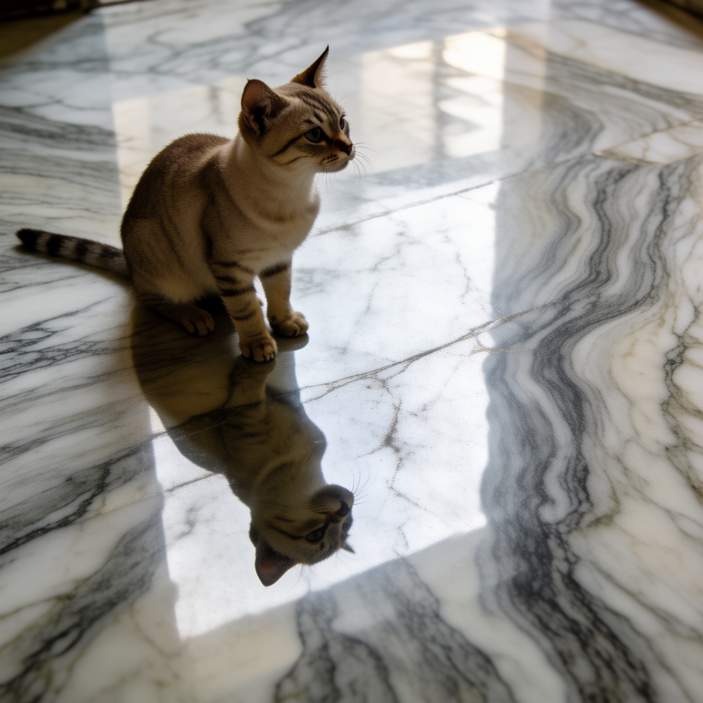 A cat sitting on a polished marble floor with its reflection