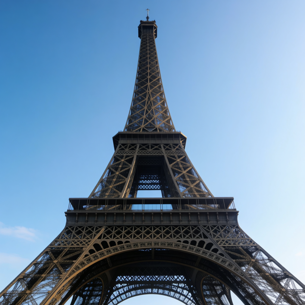 The Eiffel Tower in Paris on a clear day, architecturally ac