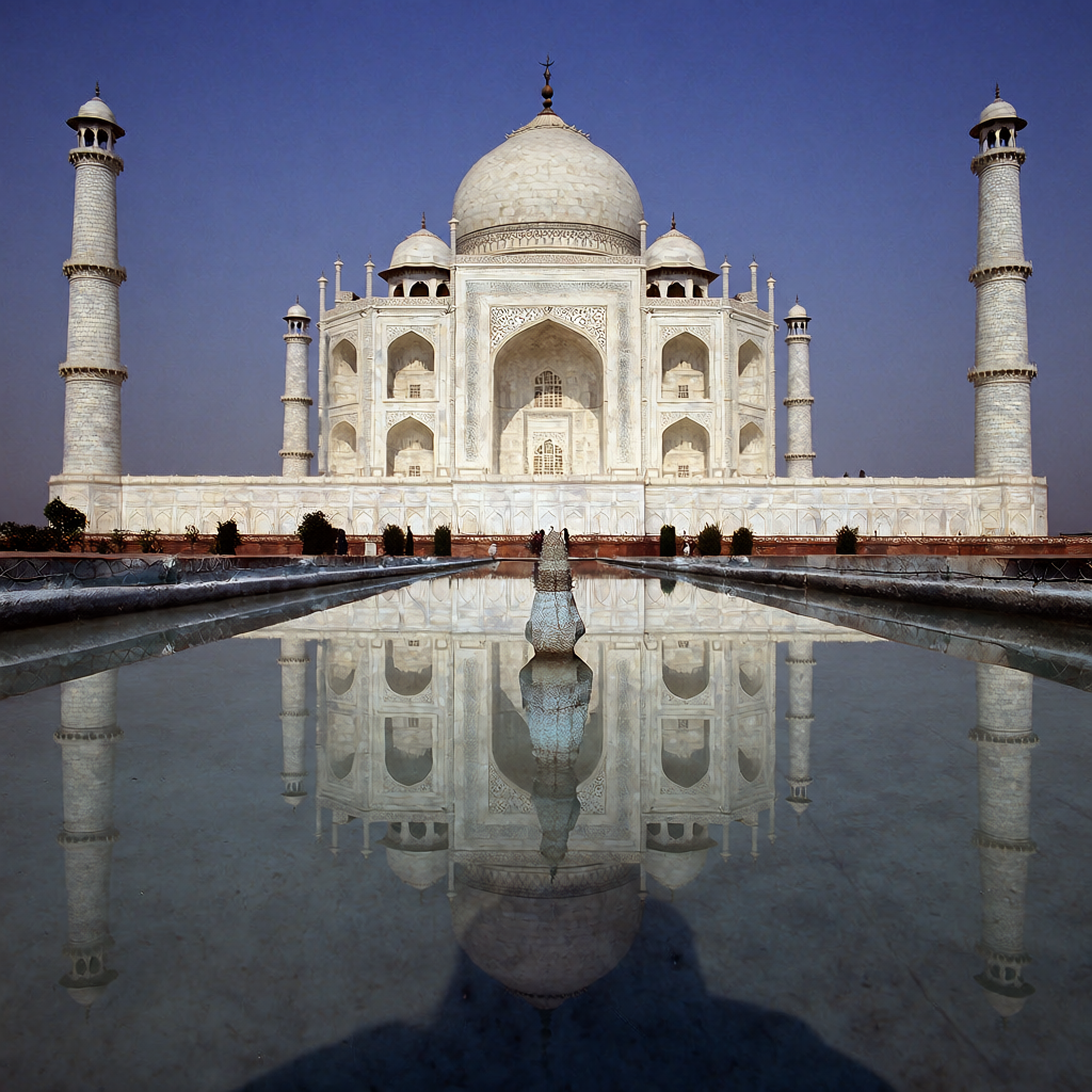 The Taj Mahal in Agra seen from the reflecting pool, with ac