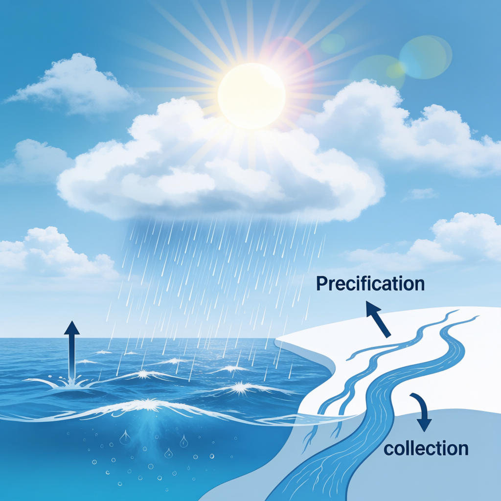 A detailed diagram of the water cycle showing evaporation fr