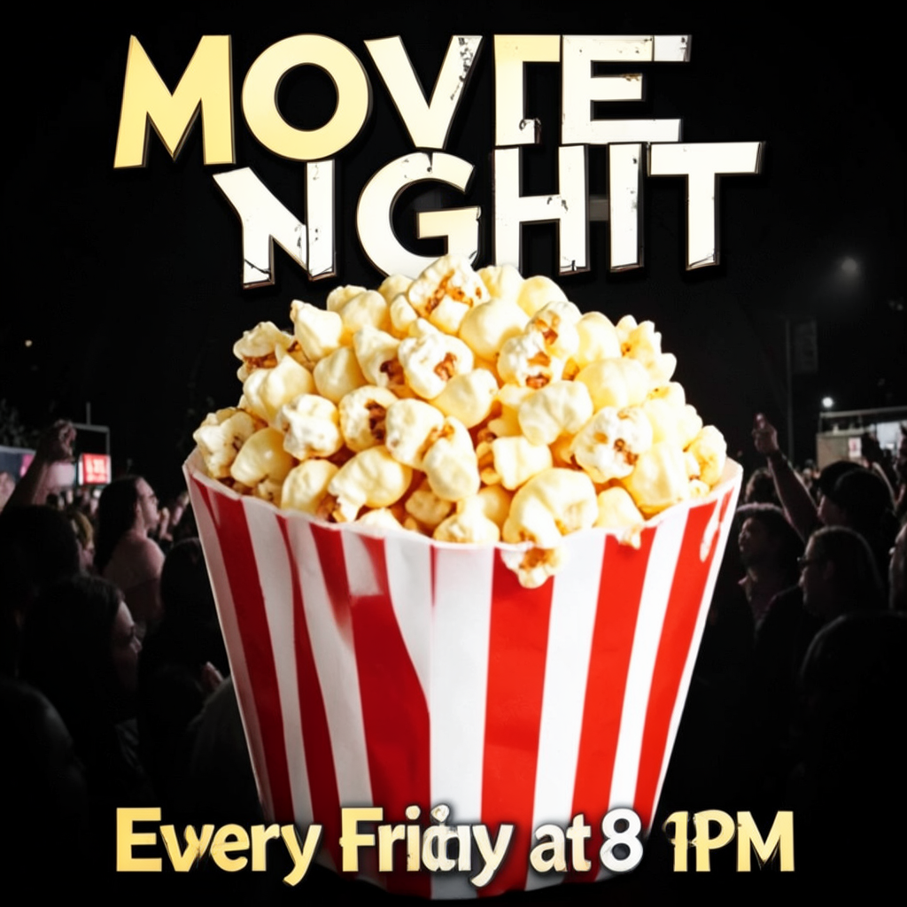 A movie night poster with a large popcorn image in the cente