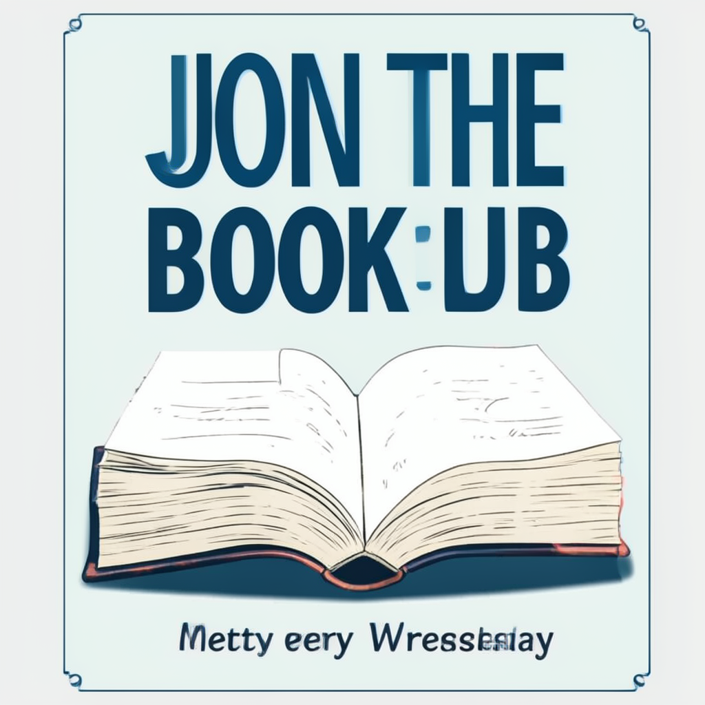 A book club poster with an open book illustration, the title