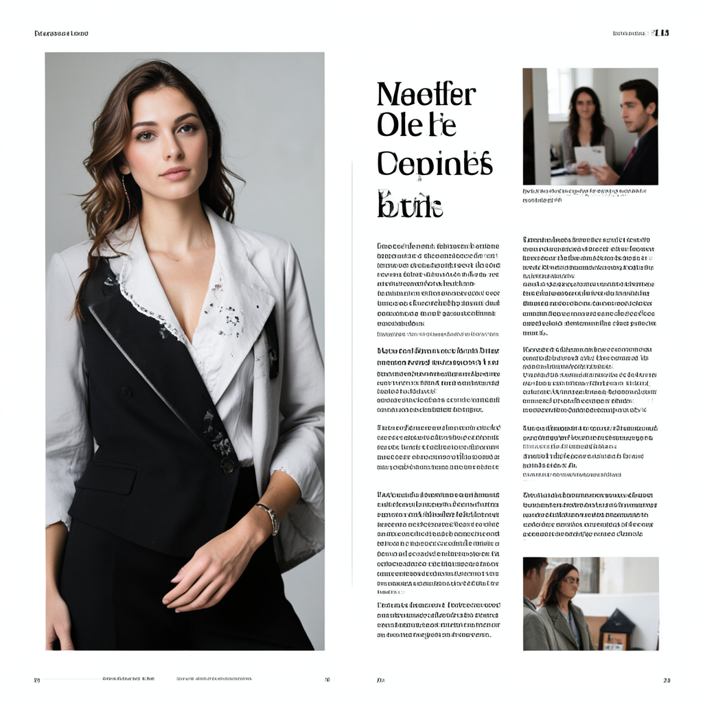 A fashion magazine spread with a full-bleed left-page photo,
