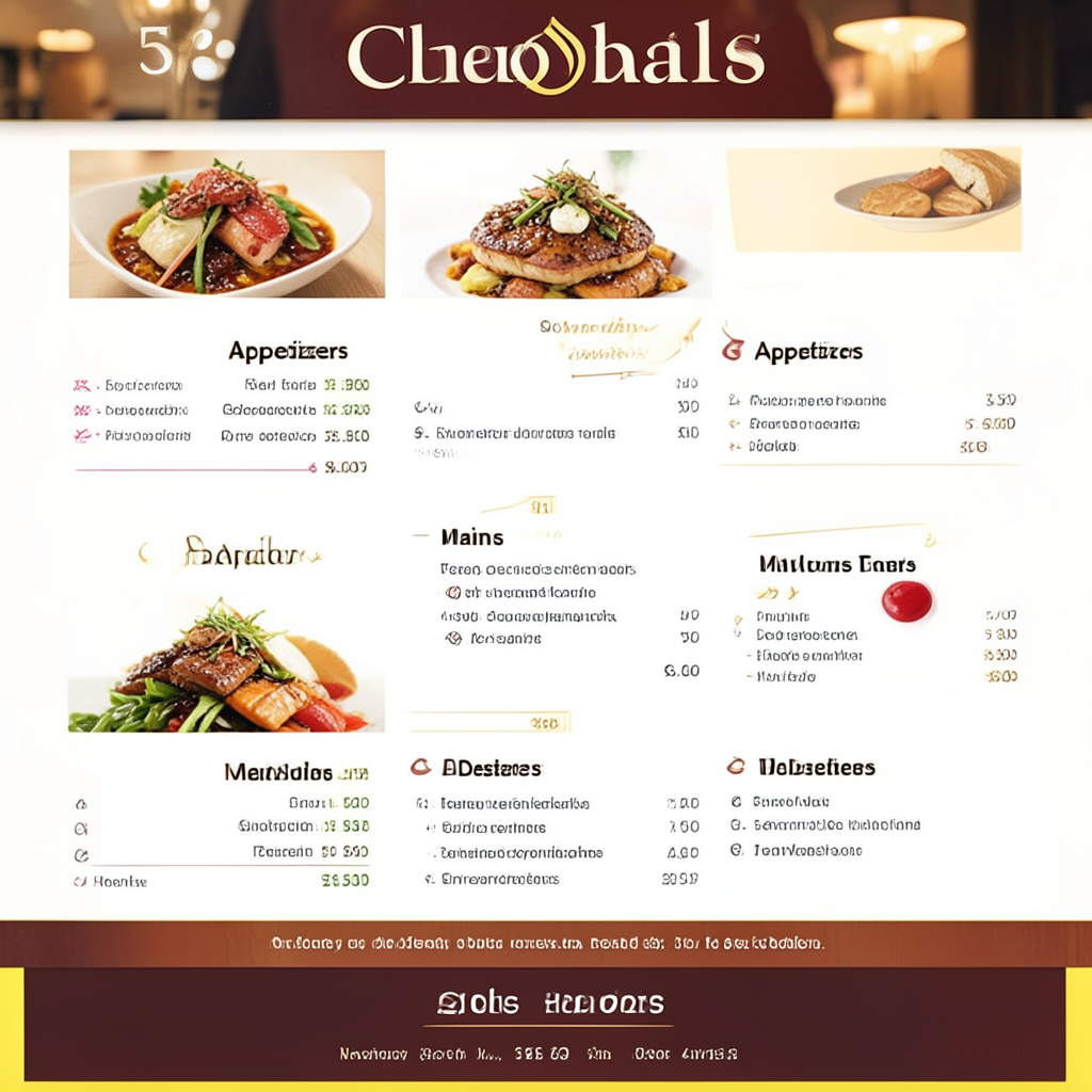 A restaurant menu layout with a logo header, three category 