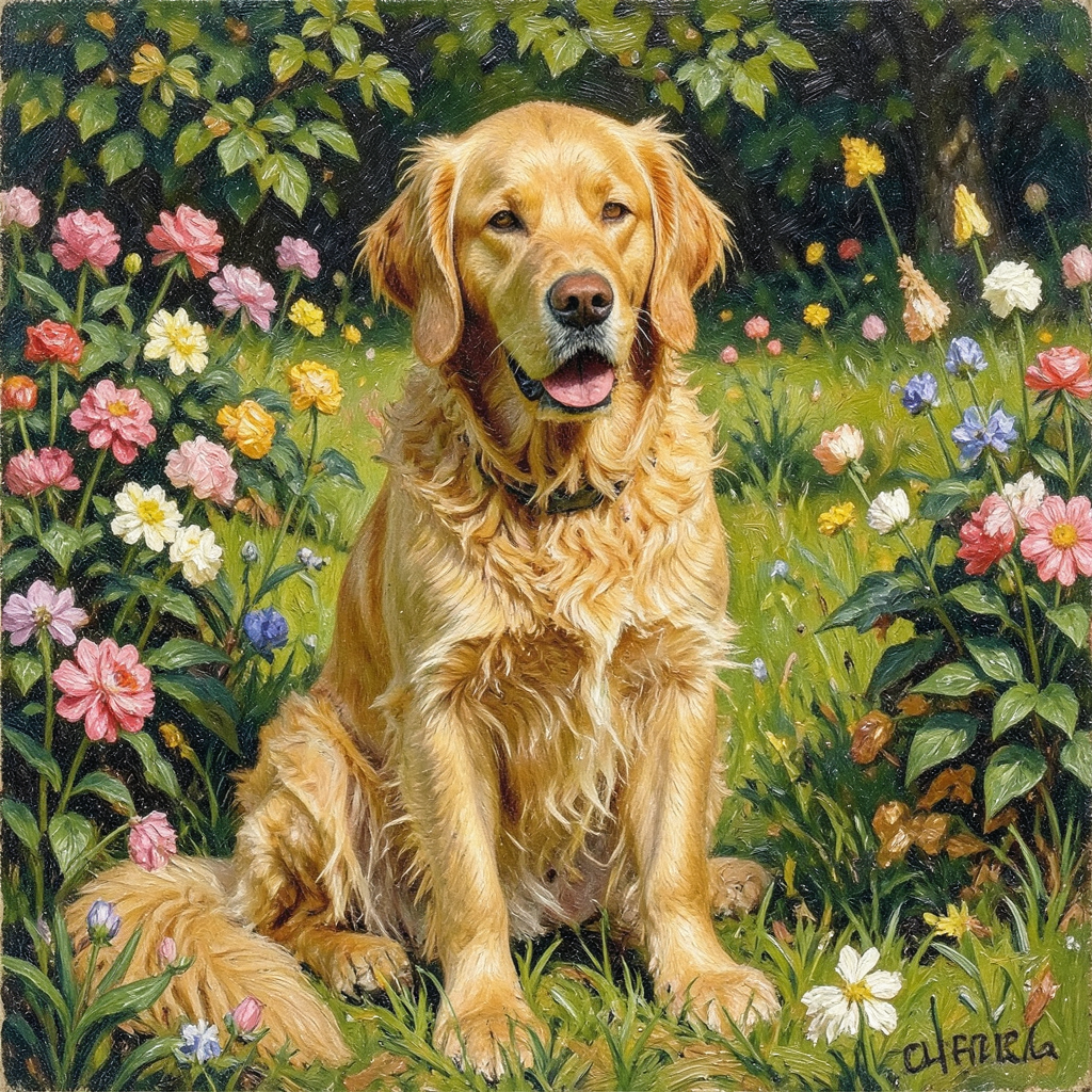 A golden retriever sitting in a garden, painted in the style