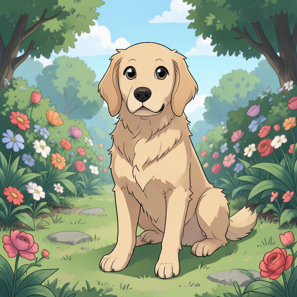 A golden retriever sitting in a garden, rendered in Japanese