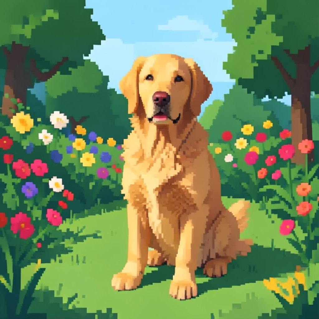 A golden retriever sitting in a garden, rendered in pixel ar