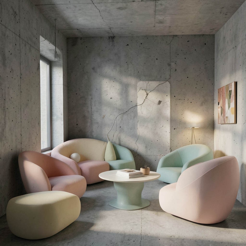 An interior scene rendered in soft brutalism — raw concrete 