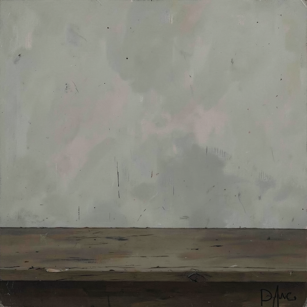 A still life painted in anxious minimalism — sparse composit