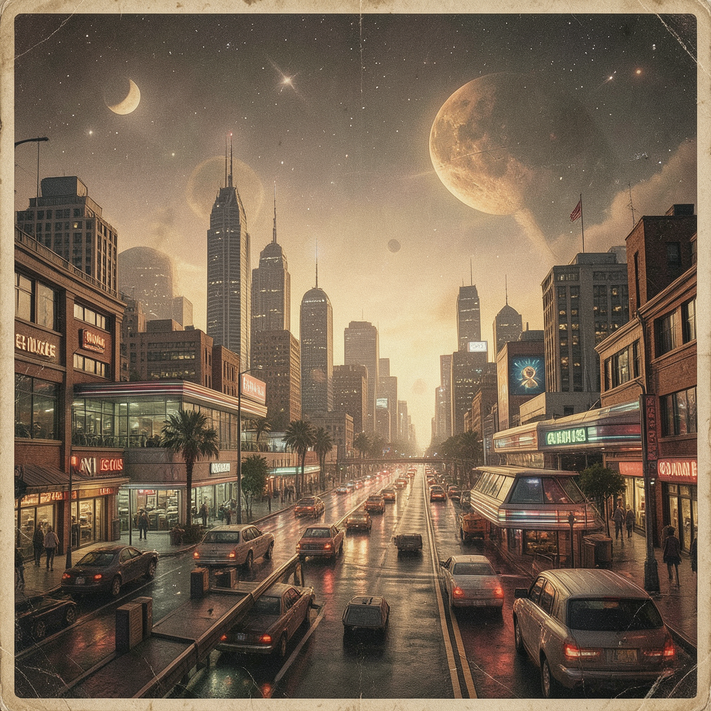 A cityscape rendered in nostalgic futurism — retro-futuristi