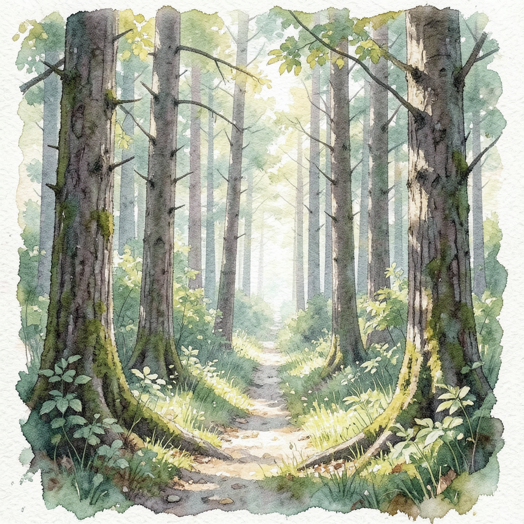 A forest rendered in photorealistic watercolor — the detail 