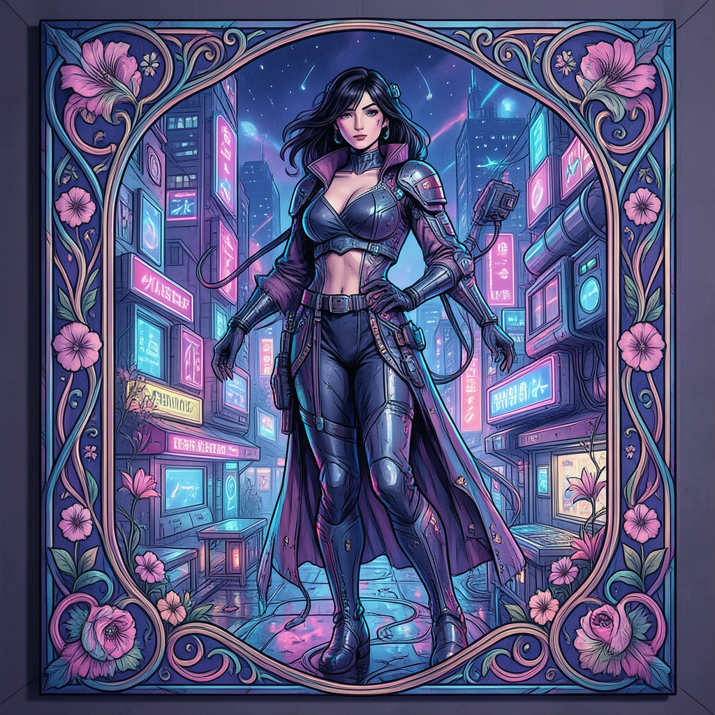 A woman in a futuristic city rendered in cyberpunk Art Nouve