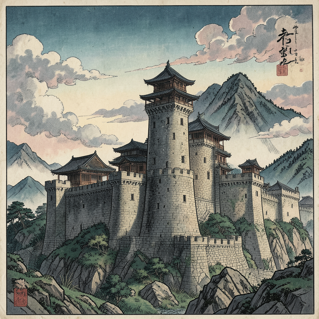 A medieval castle depicted in Japanese ukiyo-e woodblock pri