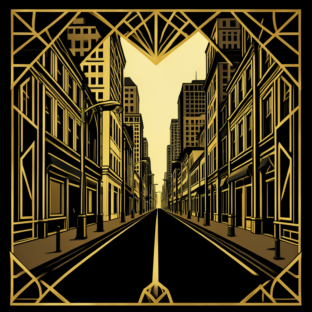 A city street scene in the style of Art Deco — geometric sha