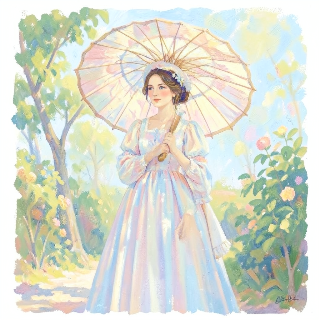 A woman with a parasol in the style of Impressionism — soft 