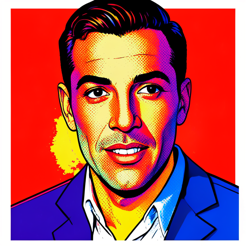 A portrait of a man in Pop Art style — bold outlines, Ben-Da
