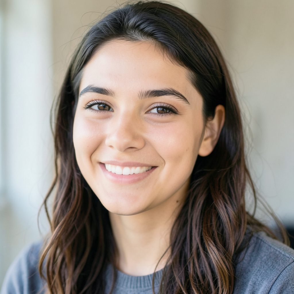 A close-up portrait of a young woman with a warm natural smi