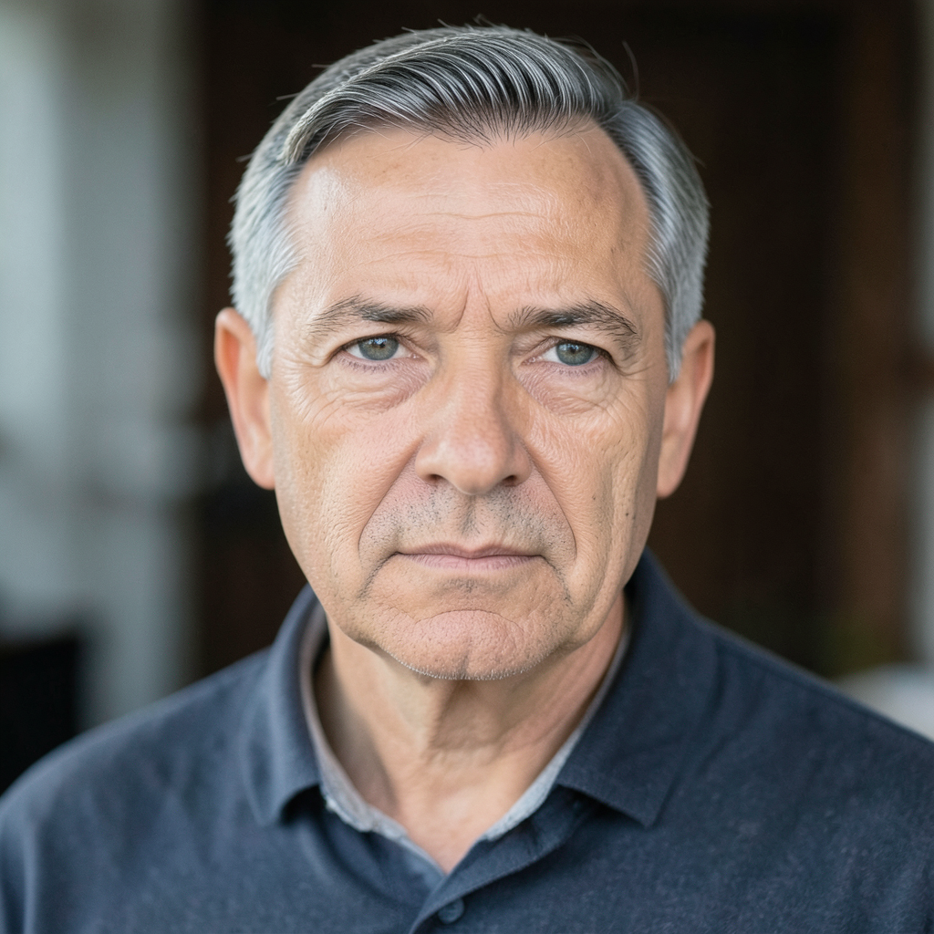 A portrait of a middle-aged man with a calm, serious express