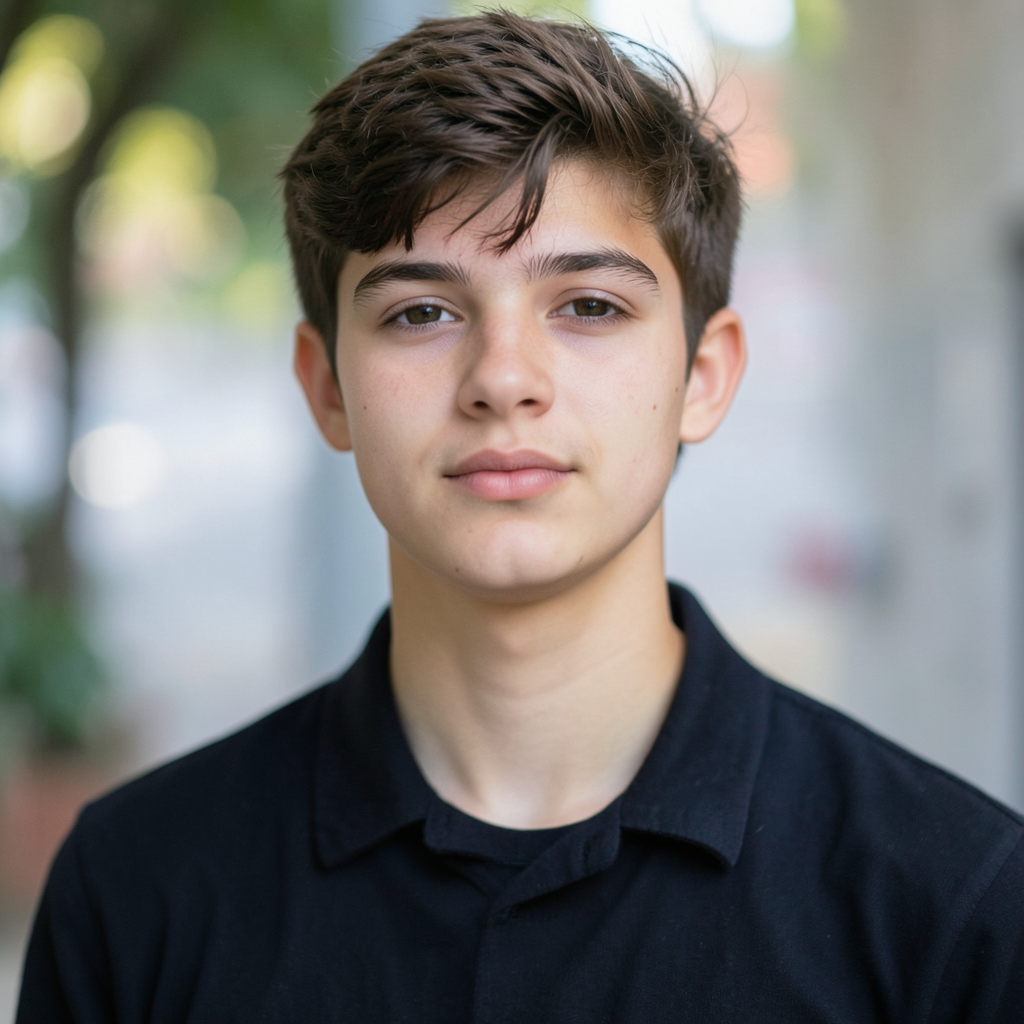 A headshot of a teenager with a relaxed, neutral face