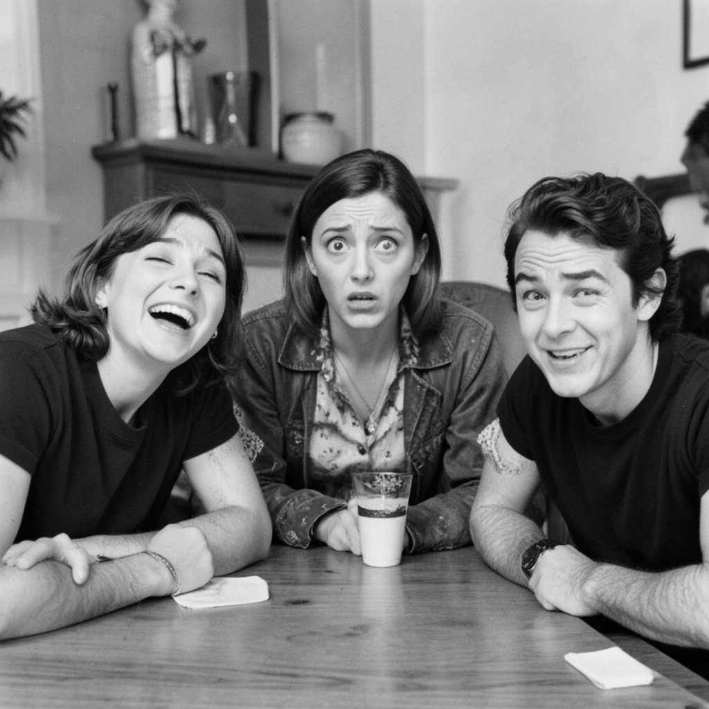 A group of three friends at a table: one laughing with head 