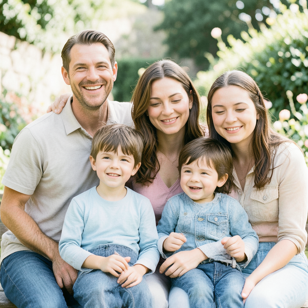 A family photo with four people: a father beaming with pride