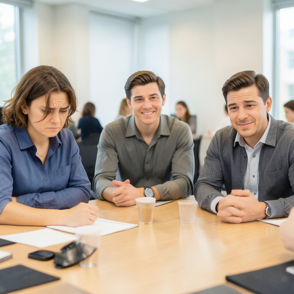 Three coworkers in a meeting: one looking frustrated with fu